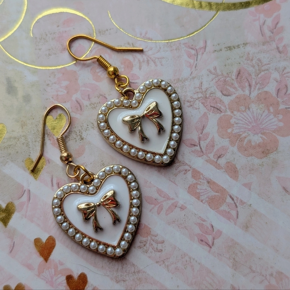 Gold and White Valentine's Day Heart Earrings with Bow Design